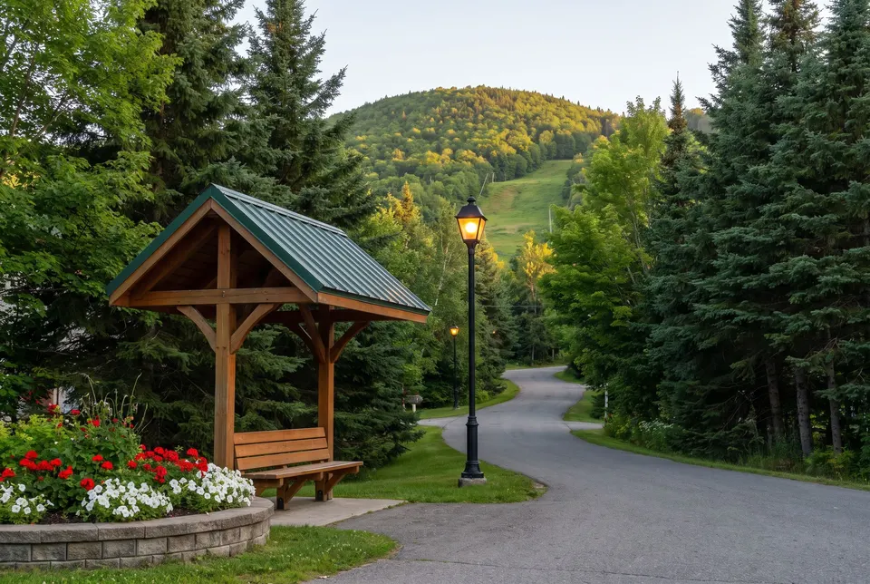 Un abri en bois au toit de tôle verte avec un banc, un massif de fleurs rouges et blanches, un réverbère allumé et une allée qui monte vers une montagne boisée au crépuscule.