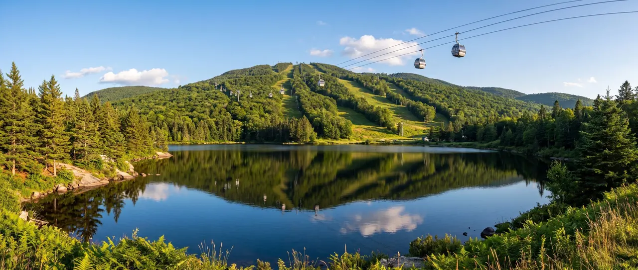 Une montagne laurentienne couverte de forêt verte en été, ses pistes en herbe et une télécabine au-dessus des arbres, un lac bleu au pied qui reflète la pente, sous un ciel bleu.